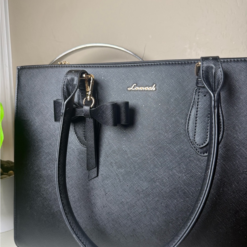 Lavooch Black Structured Satchel with Bow Accent